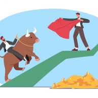 Businessman Bullfighter with Red Cloak in Hands Stand on Rising Arrow Graph Tease Bull with Rider on Back. Trader Character Investment, Bullish Stock Market Trading. Cartoon People Vector Illustration