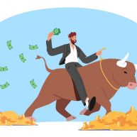 Investment, Bullish Stock Market Trading, Rising Bonds Trend. Successful Businessman Trader Character Saddle Bull Stand on Huge Money Piles around, Holding Dollars in Hand. Cartoon Vector Illustration